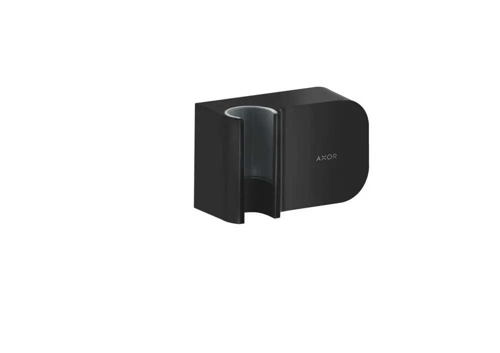 Schwarze Wandhalterung für ein Badezimmermodul von AXOR mit einer gläsernen Halterung. Minimalistisches Design für die Wandmontage.